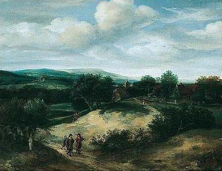 Jacob Koninck Landscape with huntsmen on a track before a village France oil painting art